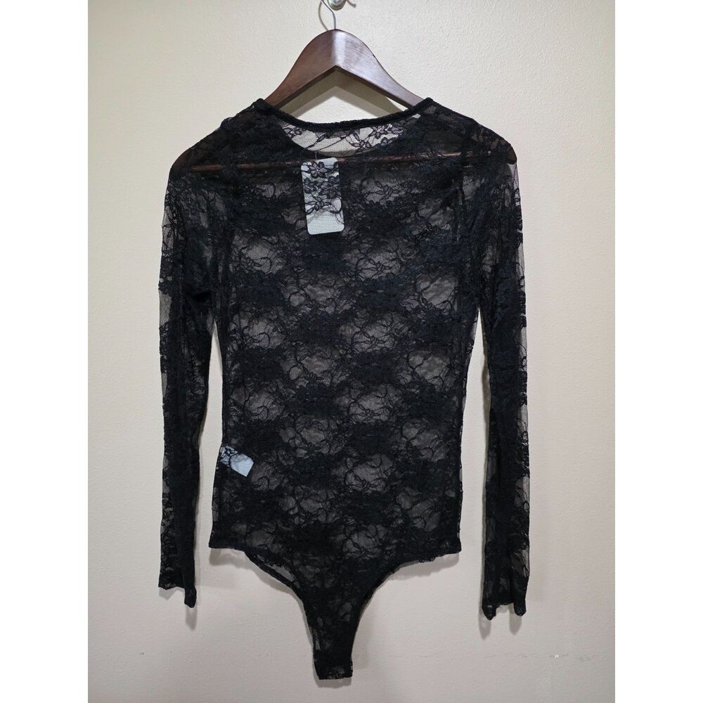 Gaze Black Sheer Lace Bodysuit L Goth Y2K Mesh Long Sleeve Top NWT Edgy Rave - Picture 3 of 9
